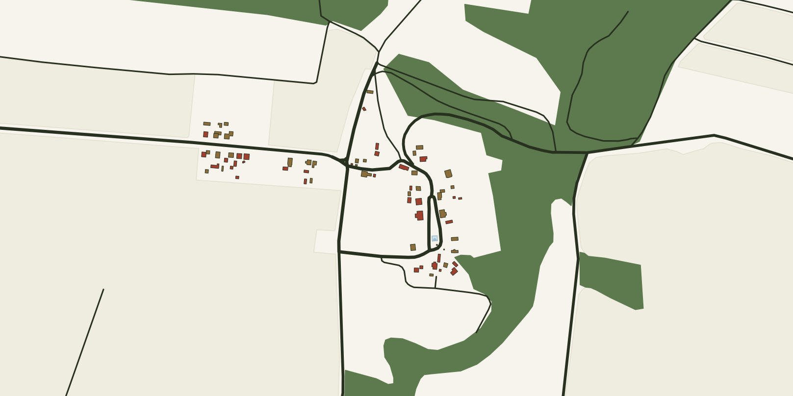 Karte von Wuhden: das Dorf liegt an einer Landstraße zwischen Feldern, östlich schließt der Waldrand an.