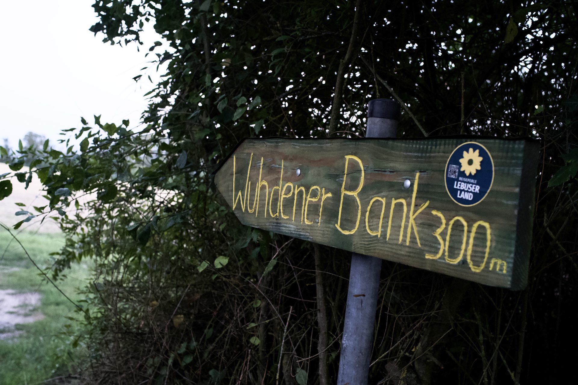 Wegweiser am Feldweg: „Wuhdener Bank 300 m“