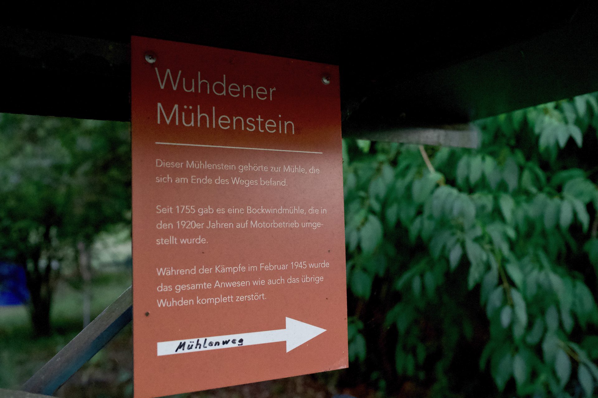 Die Erklärtafel am Mühlenstein, daneben der Weg zur Mühle